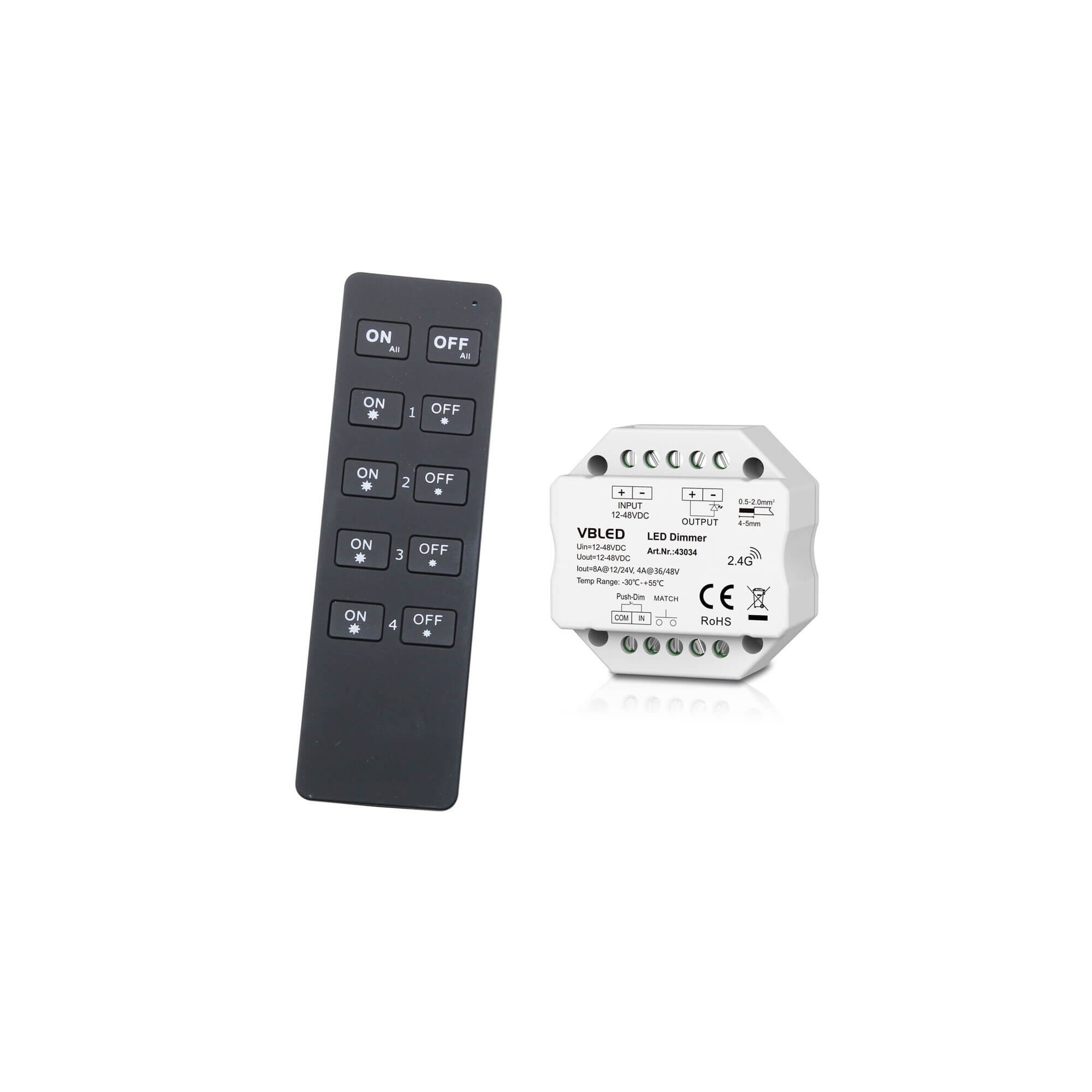 CONJUNTO "INATUS" VBLED - Regulador de intensidad 12-48V CC incl. mando a distancia de 4 canales