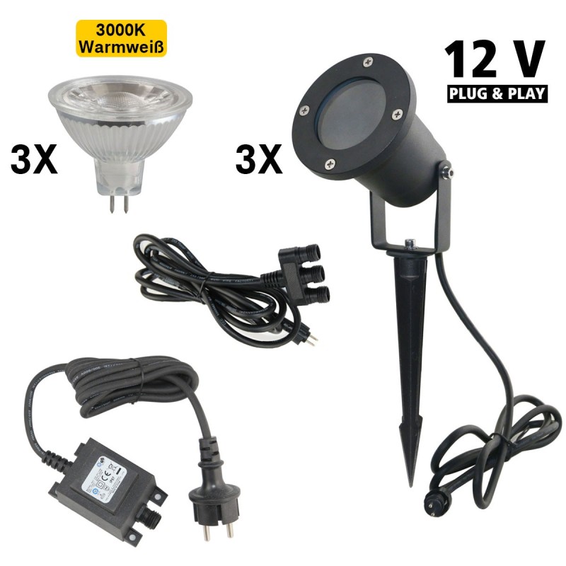 Set of 3 garden spotlights 12V AC IP65 incl. bulb 5W warm white Set of 3 garden spotlights 12V AC IP65 incl. bulb 5W warm white
