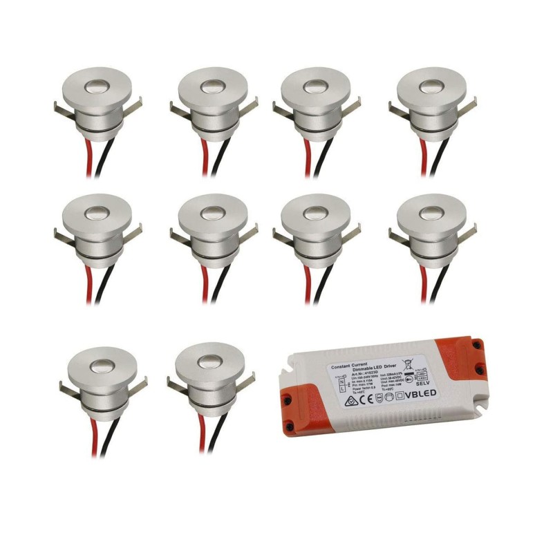 Set of 10 1W LED aluminium mini recessed spotlights warm white with dimmable power supply - silver Set of 10 1W LED aluminium mini recessed spotlights warm white with dimmable power supply - silver
