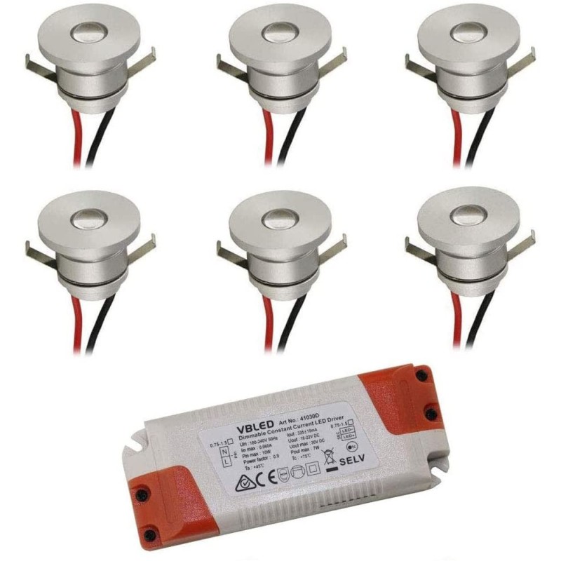 6er-Set 1W LED Aluminium Mini Einbaustrahler warmweiß mit dimmbaren Netzteil - Silber 6er-Set 1W LED Aluminium Mini Einbaustrahler warmweiß mit dimmbaren Netzteil - Silber