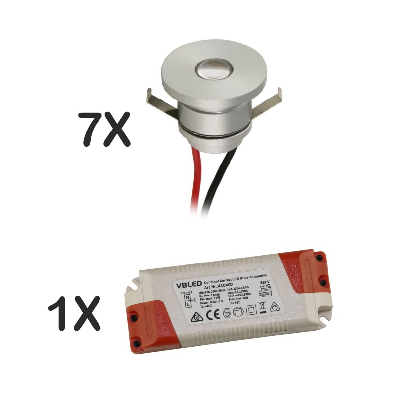 Set of 7 1W LED aluminium mini recessed spotlights with dimmable power supply unit Set of 7 1W LED aluminium mini recessed spotlights with dimmable power supply unit