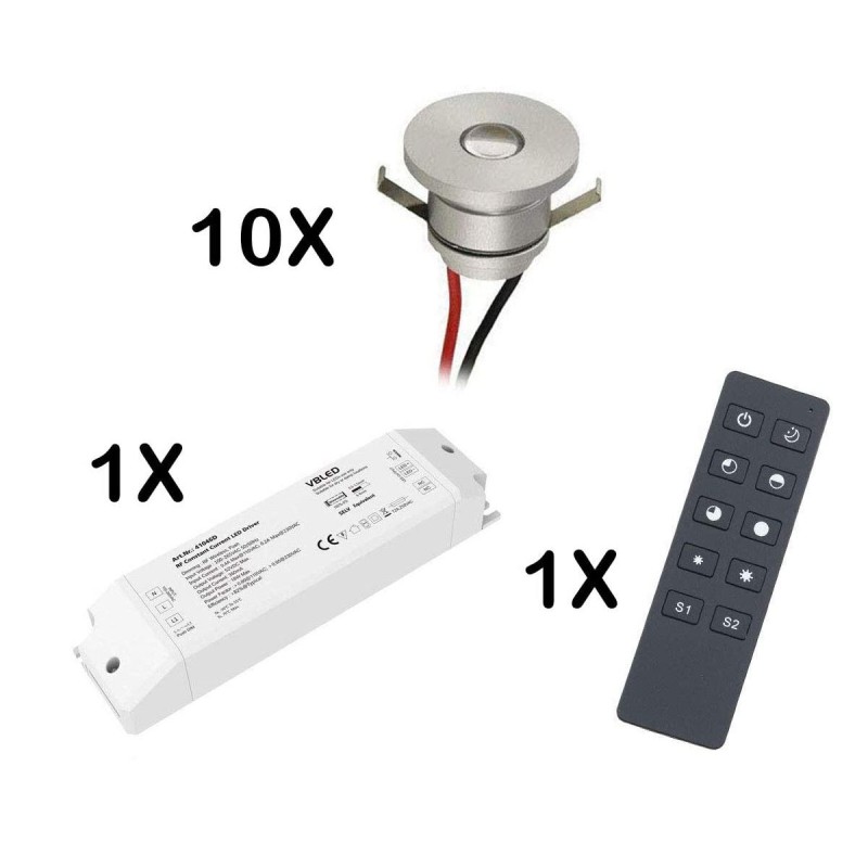 Set of 10 1W LED aluminium mini recessed spotlights warm white with RF radio power supply unit Set of 10 1W LED aluminium mini recessed spotlights warm white with RF radio power supply unit