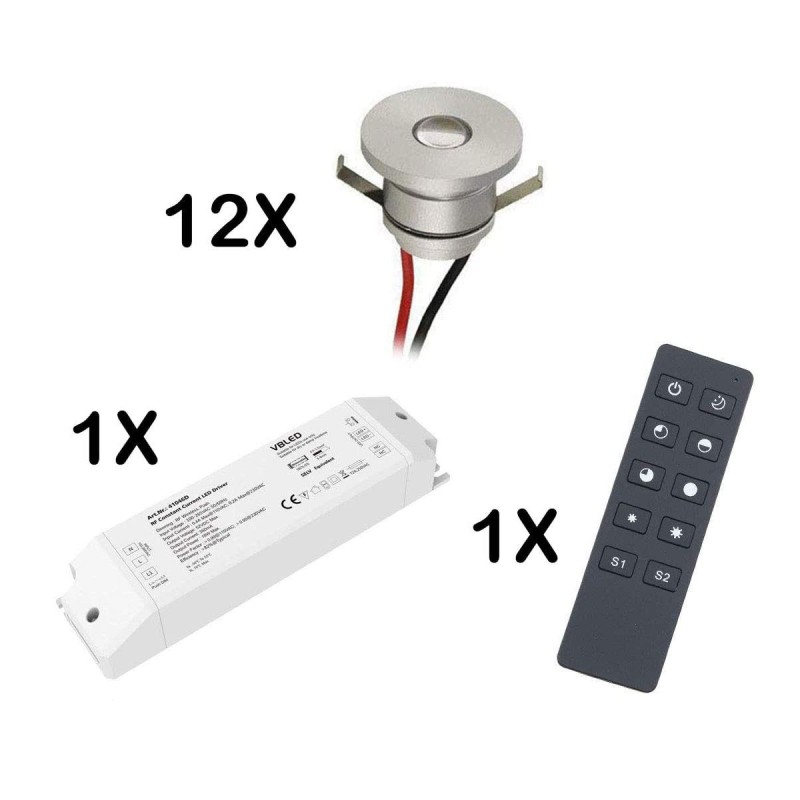 Set of 12 1W LED aluminium mini recessed spotlights warm white with RF radio power supply unit Set of 12 1W LED aluminium mini recessed spotlights warm white with RF radio power supply unit