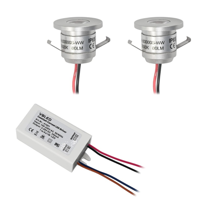 Set of 2 LED aluminium mini recessed spotlights 1W warm white with transformer IP65 Set of 2 LED aluminium mini recessed spotlights 1W warm white with transformer IP65