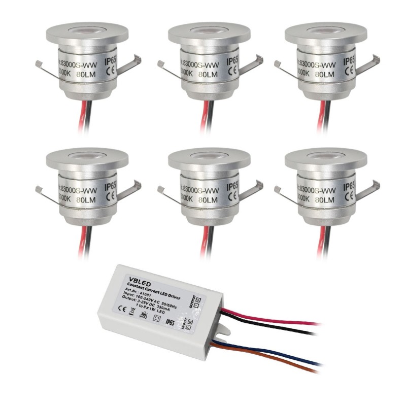 Set of 6 LED aluminium mini recessed spotlights 1W warm white IP65 with LED transformer Set of 6 LED aluminium mini recessed spotlights 1W warm white IP65 with LED transformer