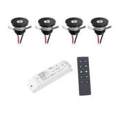 Set van 4 1W LED aluminium mini inbouwspots zwart warm wit met RF voeding en afstandsbediening