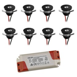 Set of 8 1W LED aluminium mini recessed spotlights warm white with dimmable power supply - Black