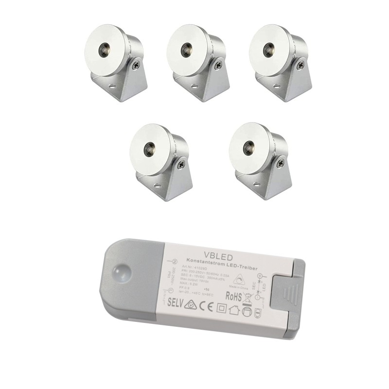 Set of 5 1W Mini Surface Mounted Spotlights - Swivel & Tilt - 80lm warm white with power supply unit Set of 5 1W Mini Surface Mounted Spotlights - Swivel & Tilt - 80lm warm white with power supply unit