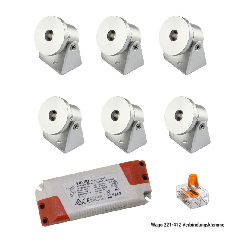 Set of 6 1W Mini Surface Mounted Spotlights - Swivel & Tilt - 80lm warm white with power supply unit Set of 6 1W Mini Surface Mounted Spotlights - Swivel & Tilt - 80lm warm white with power supply unit