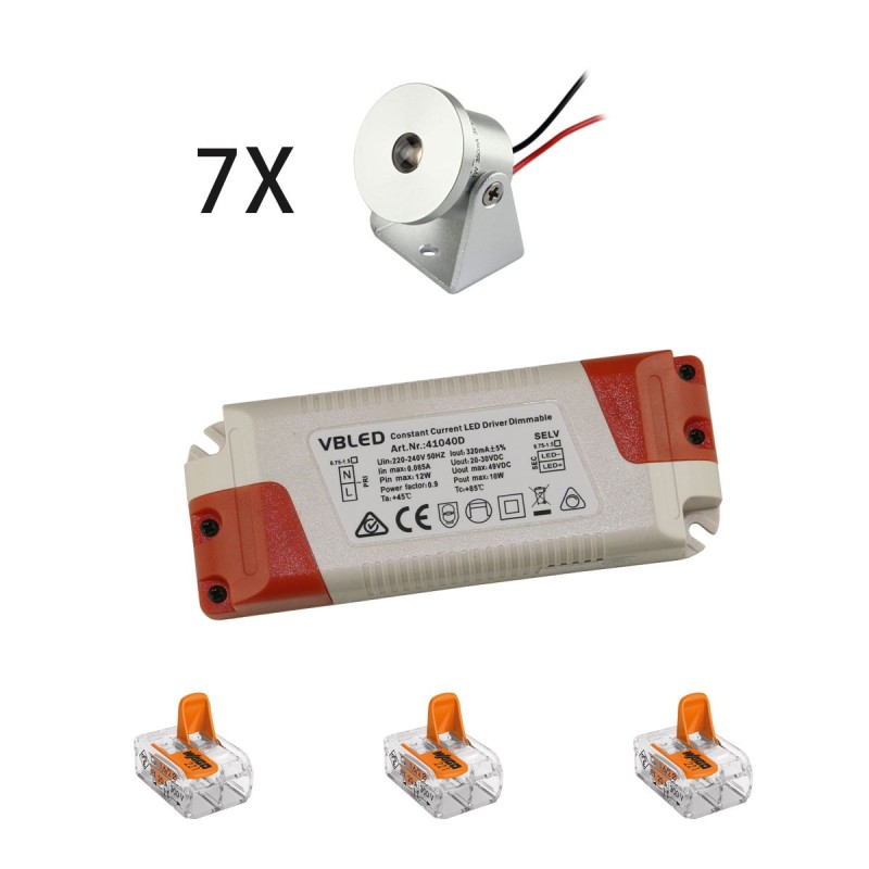 Set of 7 1W Mini Surface Mounted Spotlights - Swivel & Tilt - 80lm warm white with power supply unit Set of 7 1W Mini Surface Mounted Spotlights - Swivel & Tilt - 80lm warm white with power supply unit