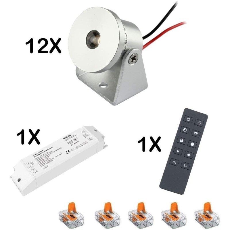 Set of 12 1W mini surface-mounted spotlights -swivelling warm white dimmable with radio power supply unit and remote control Set of 12 1W mini surface-mounted spotlights -swivelling warm white dimmable with radio power supply unit and remote control
