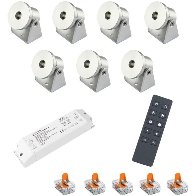 Set of 7 1W mini surface-mounted spotlights -swivelling warm white dimmable with radio power supply unit and remote control Set of 7 1W mini surface-mounted spotlights -swivelling warm white dimmable with radio power supply unit and remote control