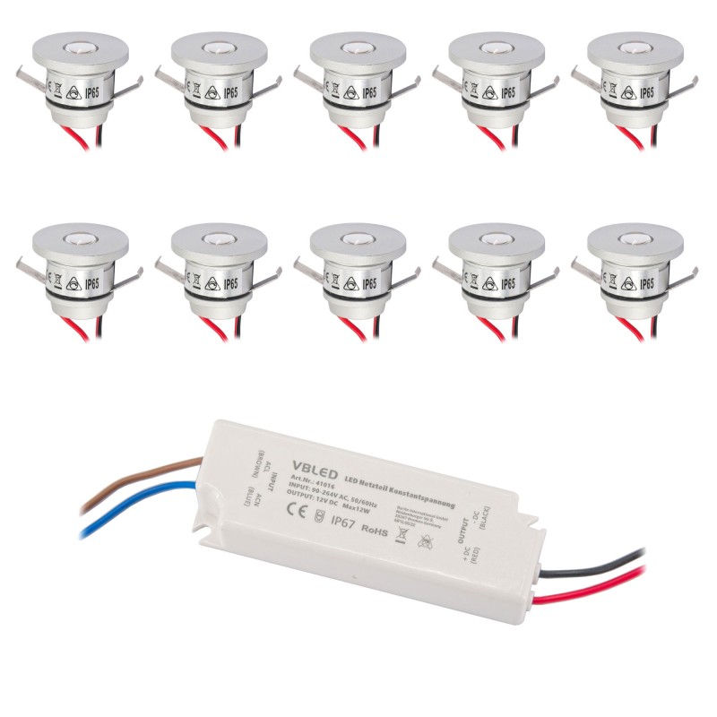 Set of 10 1W Mini Recessed Spot IP65 Warm White Incl.12W LED Transformer 12V DC Set of 10 1W Mini Recessed Spot IP65 Warm White Incl.12W LED Transformer 12V DC