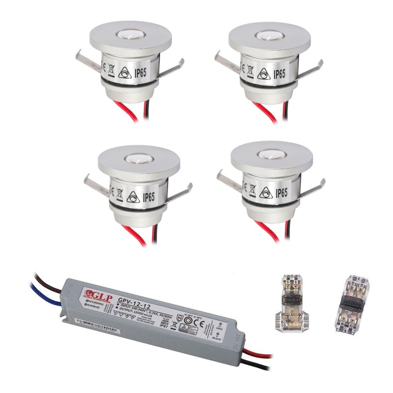 Set of 4 1W mini recessed spotlights warm white with LED transformer 12V DC Set of 4 1W mini recessed spotlights warm white with LED transformer 12V DC