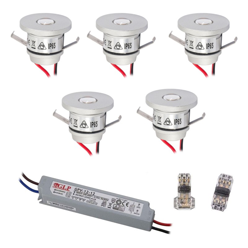 Set of 5 1W Mini Recessed Spotlights IP65 Warm White Incl.12W LED Transformer 12V DC Set of 5 1W Mini Recessed Spotlights IP65 Warm White Incl.12W LED Transformer 12V DC
