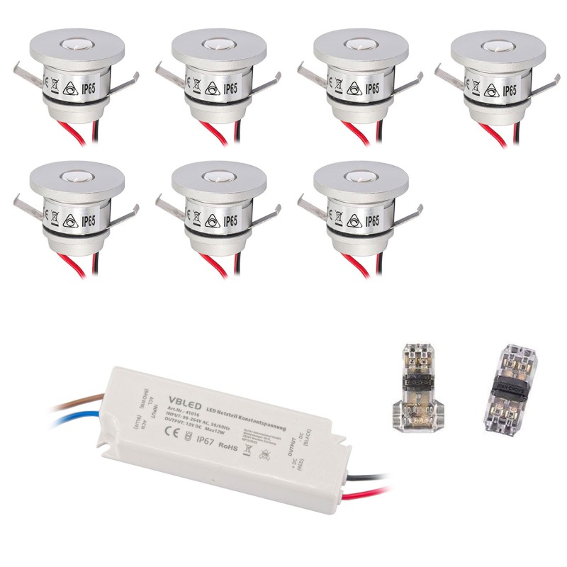 Set of 7 1W Mini Recessed Spotlights IP65 Warm White Incl.12W LED Transformer 12V DC Set of 7 1W Mini Recessed Spotlights IP65 Warm White Incl.12W LED Transformer 12V DC