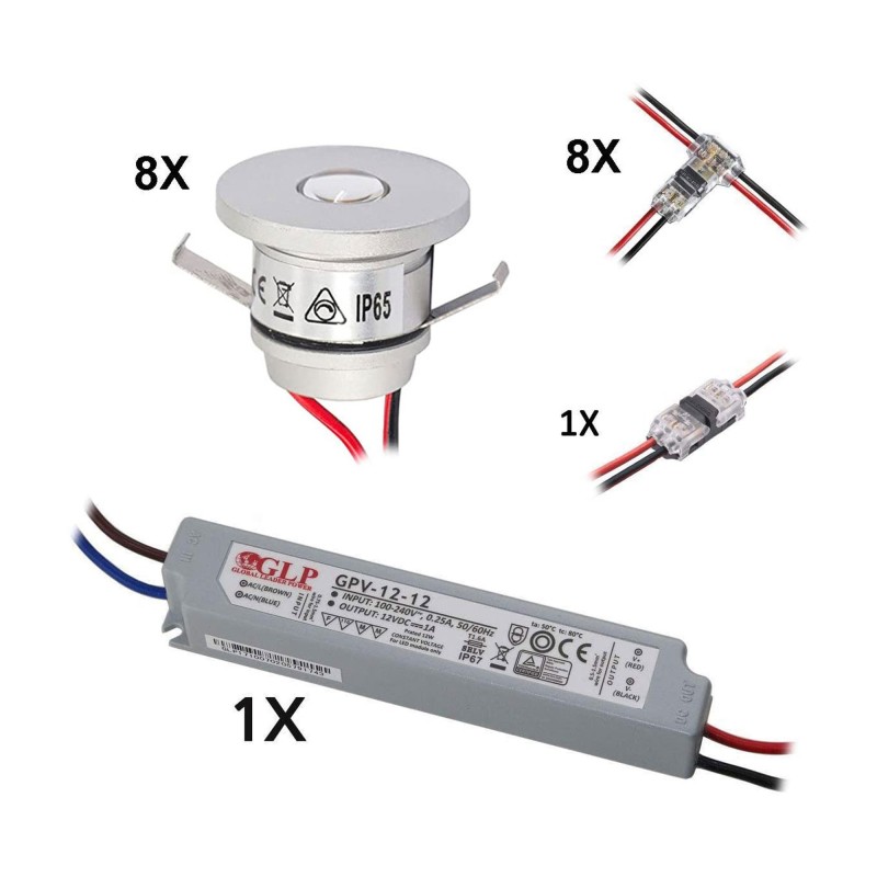 Set of 8 1W Mini Recessed Spot IP65 Warm White Incl.12W LED Transformer 12V DC Set of 8 1W Mini Recessed Spot IP65 Warm White Incl.12W LED Transformer 12V DC