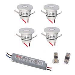 Set of 4 1W mini recessed spotlights warm white with LED transformer 12V DC, IP67