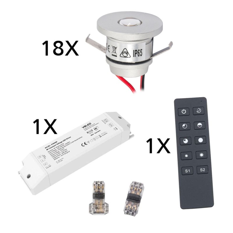 Set radio base da 18 pezzi con faretto incasso mini 1W incluso telecomando e trasformatore radio LED da 40W