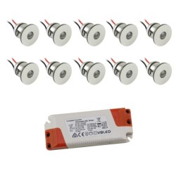 Set van 10 1W Mini LED inbouwspots warm wit met voedingsunit
