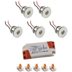 Set of 5 1W Mini LED recessed spotlights warm white with power supply unit
