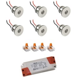 Set de 6 mini spots encastrés LED 1W blanc chaud avec bloc d'alimentation