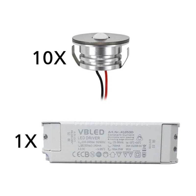 Set of 10 3W LED aluminium mini recessed spotlights "Luxonix" warm white with dimmable power supply unit