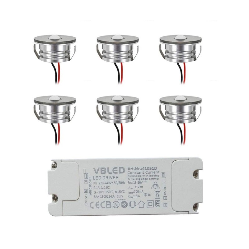 Set of 6 3W LED aluminium mini recessed spotlights "Luxonix" warm white with dimmable power supply unit Set of 6 3W LED aluminium mini recessed spotlights "Luxonix" warm white with dimmable power supply unit