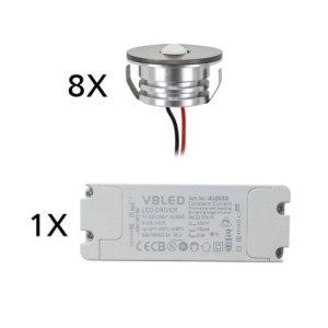 Set of 8 3W LED aluminium mini recessed spotlights "Luxonix" warm white with dimmable power supply unit