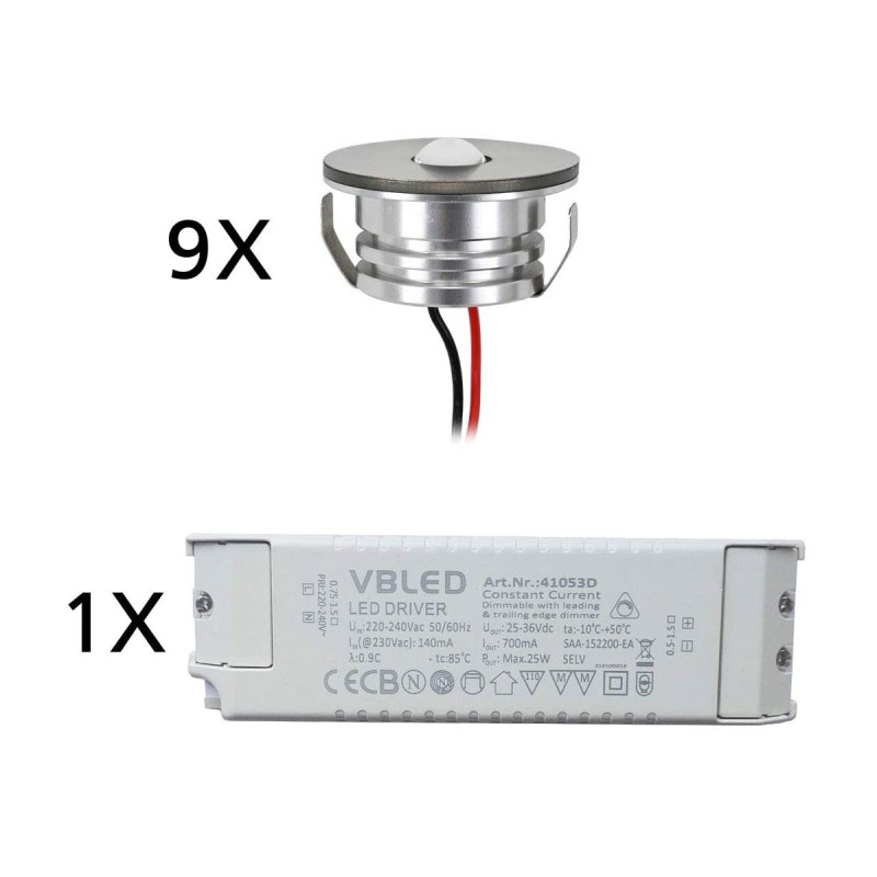 LED aluminium mini recessed spotlight "Luxonix" IP65 Set of 9 with dimmable power supply unit LED aluminium mini recessed spotlight "Luxonix" IP65 Set of 9 with dimmable power supply unit