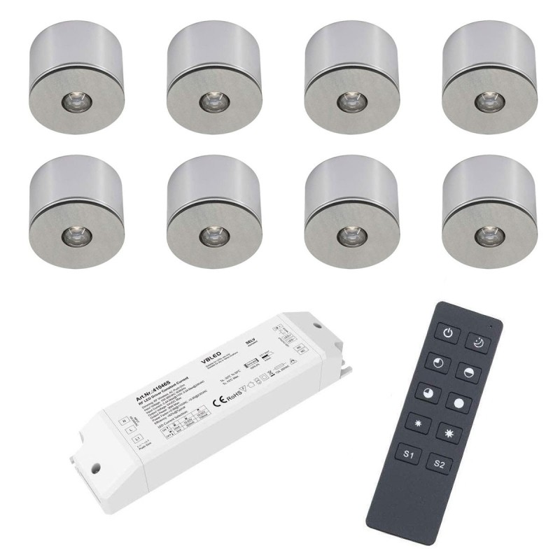 Set of 8 3W LED Mini Spot surface mounted luminaire warm white dimmable with radio power supply unit and remote control Set of 8 3W LED Mini Spot surface mounted luminaire warm white dimmable with radio power supply unit and remote control