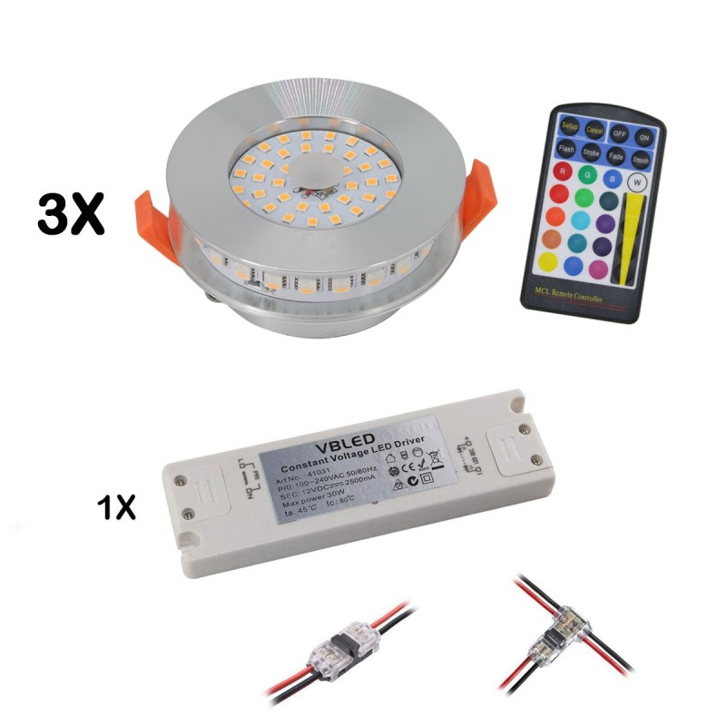 Set of 3 RGB+WW LED recessed lights 12VDC 6W incl. remote control and power supply unit Set of 3 RGB+WW LED recessed lights 12VDC 6W incl. remote control and power supply unit