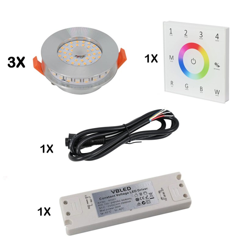 Set of 3 RGB+WW LED recessed luminaires 12VDC 6W incl. wall control and power supply unit Set of 3 RGB+WW LED recessed luminaires 12VDC 6W incl. wall control and power supply unit