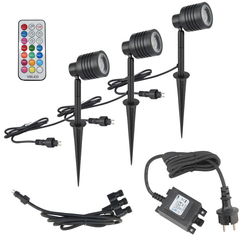 Set of 3 garden floodlights with replaceable RGBW bulb 3X9W Black 12V AC/DC and IR remote control Set of 3 garden floodlights with replaceable RGBW bulb 3X9W Black 12V AC/DC and IR remote control