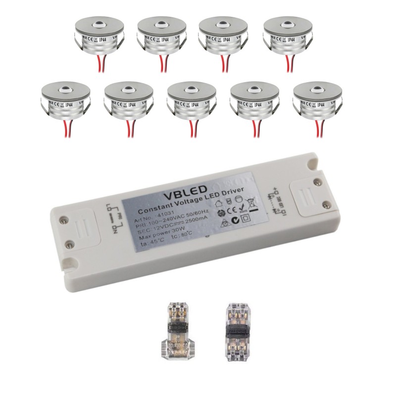 Set de 9 mini spots encastrés 3W 3000K "NOVOS" avec transformateur LED et connecteur Set de 9 mini spots encastrés 3W 3000K "NOVOS" avec transformateur LED et connecteur