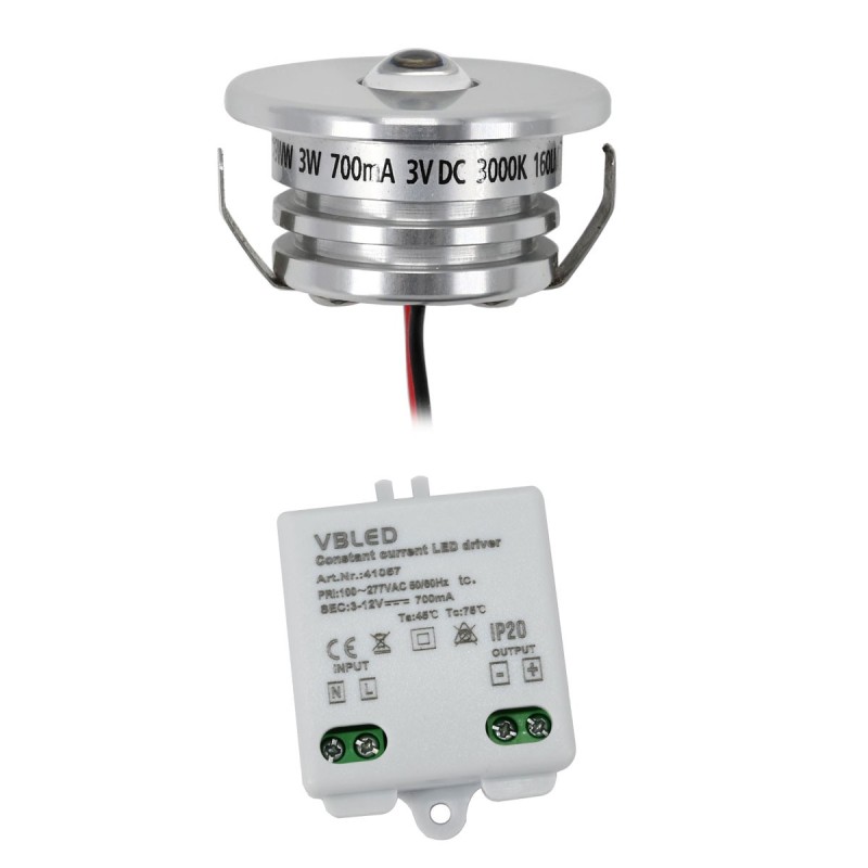Set of 1 3W LED aluminium mini recessed spotlight "Pialux" warm white with power supply unit Set of 1 3W LED aluminium mini recessed spotlight "Pialux" warm white with power supply unit