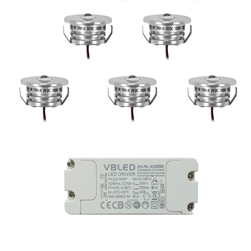 Set of 5 "Pialux" mini recessed spotlights 3W 700mA 190lm warm white with dimmable power supply unit Set of 5 "Pialux" mini recessed spotlights 3W 700mA 190lm warm white with dimmable power supply unit