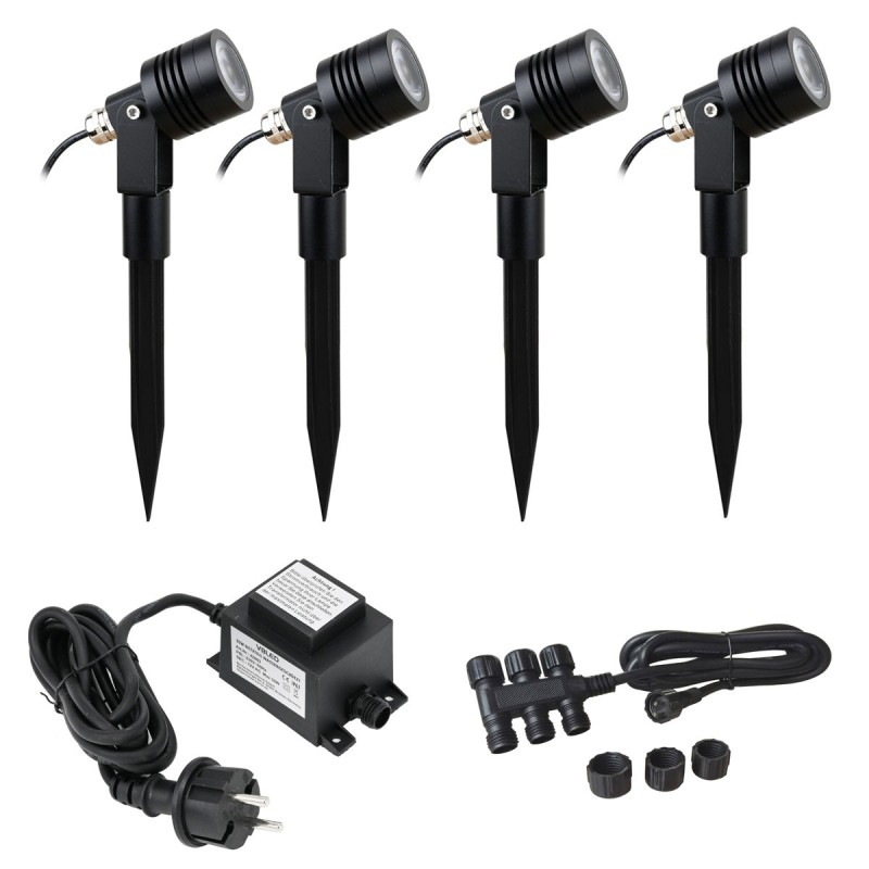 Set of 4 6W LED garden spotlights warm white 12V with power supply unit and distribution cable Set of 4 6W LED garden spotlights warm white 12V with power supply unit and distribution cable