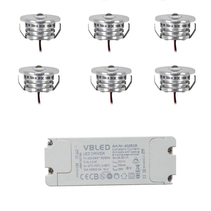 Set of 6 "Pialux" mini recessed spotlights 3W 700mA 190lm warm white with dimmable power supply unit Set of 6 "Pialux" mini recessed spotlights 3W 700mA 190lm warm white with dimmable power supply unit