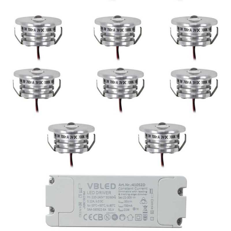 Set of 8 mini recessed spotlights 3W 700mA 160lm warm white with dimmable power supply unit Set of 8 mini recessed spotlights 3W 700mA 160lm warm white with dimmable power supply unit