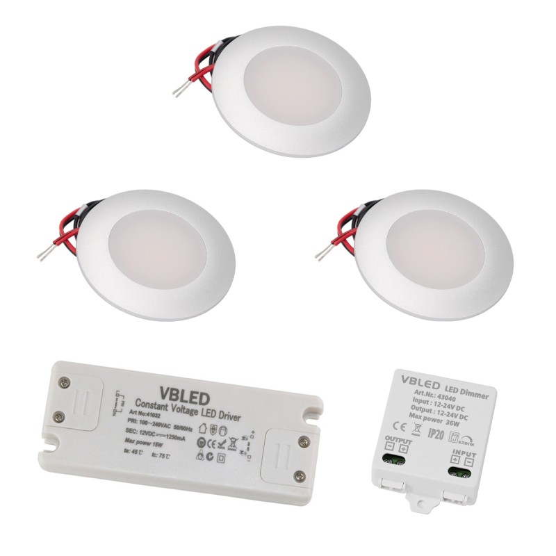 Set of 3 LED recessed spotlights with 3 levels LED dimmer 12VDC 3W 3000K warm white aluminium recessed furniture luminaire Set of 3 LED recessed spotlights with 3 levels LED dimmer 12VDC 3W 3000K warm white aluminium recessed furniture luminaire
