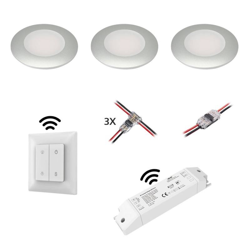 Set of 3 wireless LED recessed spotlights 12VDC 3W 3000K warm white aluminium recessed furniture luminaire Set of 3 wireless LED recessed spotlights 12VDC 3W 3000K warm white aluminium recessed furniture luminaire