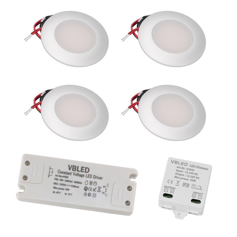 Set of 4 LED recessed spotlights with 3 level LED dimmer 12VDC 3W 3000K warm white aluminium recessed furniture luminaire Set of 4 LED recessed spotlights with 3 level LED dimmer 12VDC 3W 3000K warm white aluminium recessed furniture luminaire