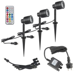 Set of 3 garden floodlights with replaceable RGBW bulb 3X9W Black 12V AC/DC and IR remote control
