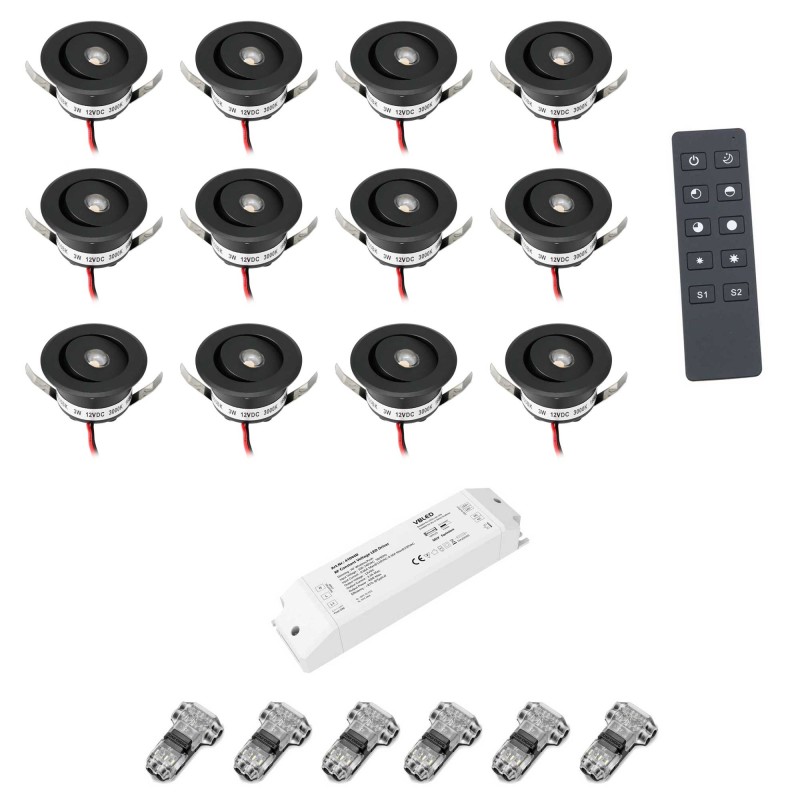 Set of 12 3W LED Mini Recessed Spotlights - "OCULOS" Minispot 3000K with Radio Power Supply and Remote Control Black Set of 12 3W LED Mini Recessed Spotlights - "OCULOS" Minispot 3000K with Radio Power Supply and Remote Control Black