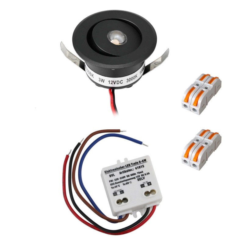 Set of 1 3W LED mini recessed spotlight - "OCULOS" Minispot 3000K with power supply unit Black