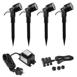 Set of 4 6W LED garden spotlights warm white 12V with power supply unit and distribution cable
