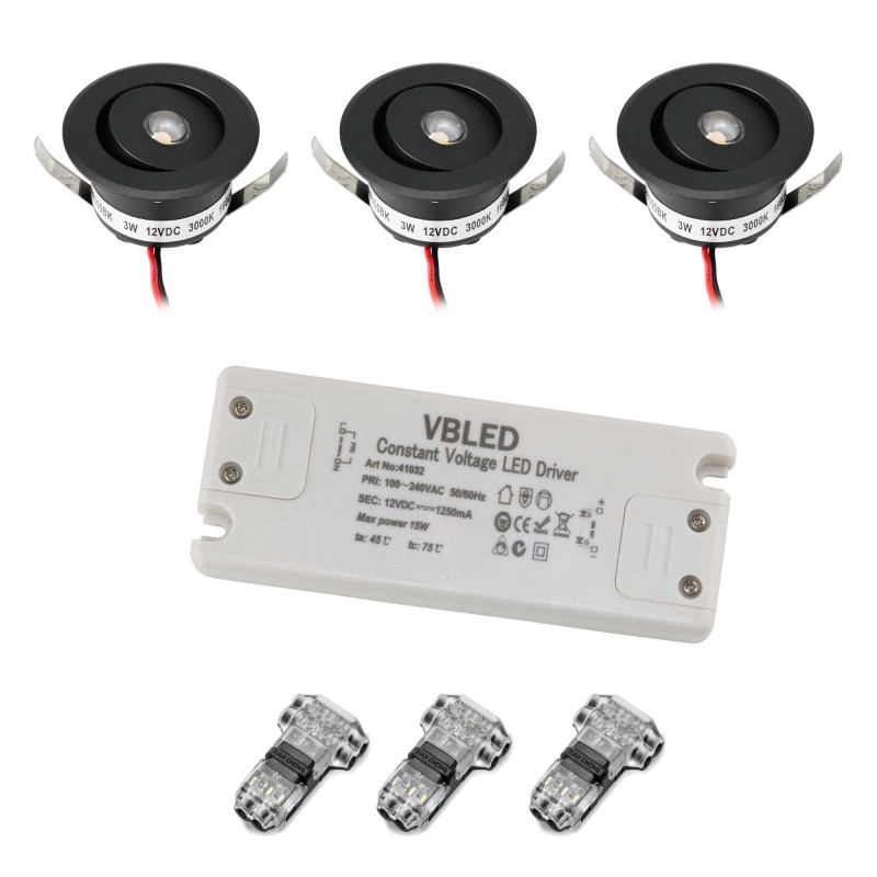 Set of 3 3W LED Mini Recessed Spotlights - "OCULOS" Minispot 3000K with Power Supply Black Set of 3 3W LED Mini Recessed Spotlights - "OCULOS" Minispot 3000K with Power Supply Black