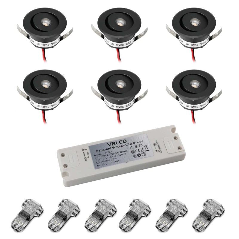 Set of 6 3W LED Mini Recessed Spotlights - "OCULOS" Minispot 3000K with Power Supply Black Set of 6 3W LED Mini Recessed Spotlights - "OCULOS" Minispot 3000K with Power Supply Black