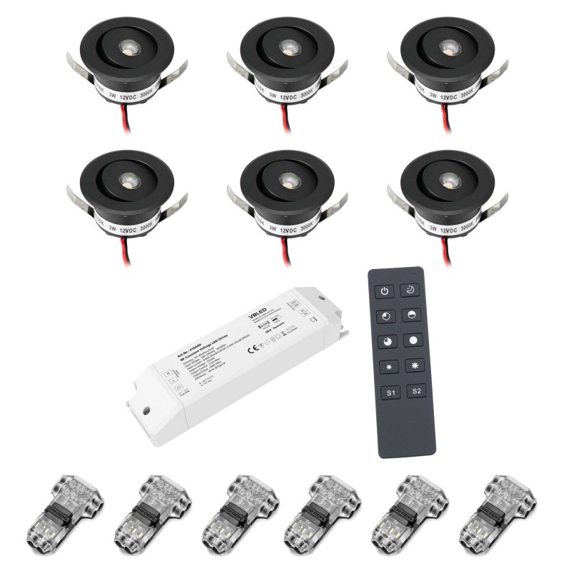 Set of 6 3W LED mini recessed spotlights - "OCULOS" Minispot 3000K with radio power supply and remote control black Set of 6 3W LED mini recessed spotlights - "OCULOS" Minispot 3000K with radio power supply and remote control black